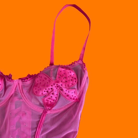 90's 00's vintage hot pink mesh mcbling corset babydoll y2k lingerie bustier L - Picture 4 of 9